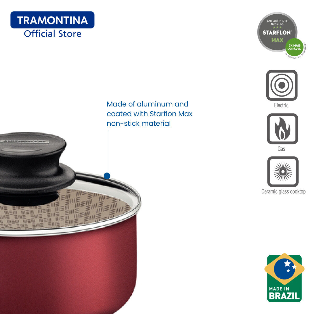 Tramontina Non Stick Sauce Pan with Tempered Glass Lid 20cm (Paris)